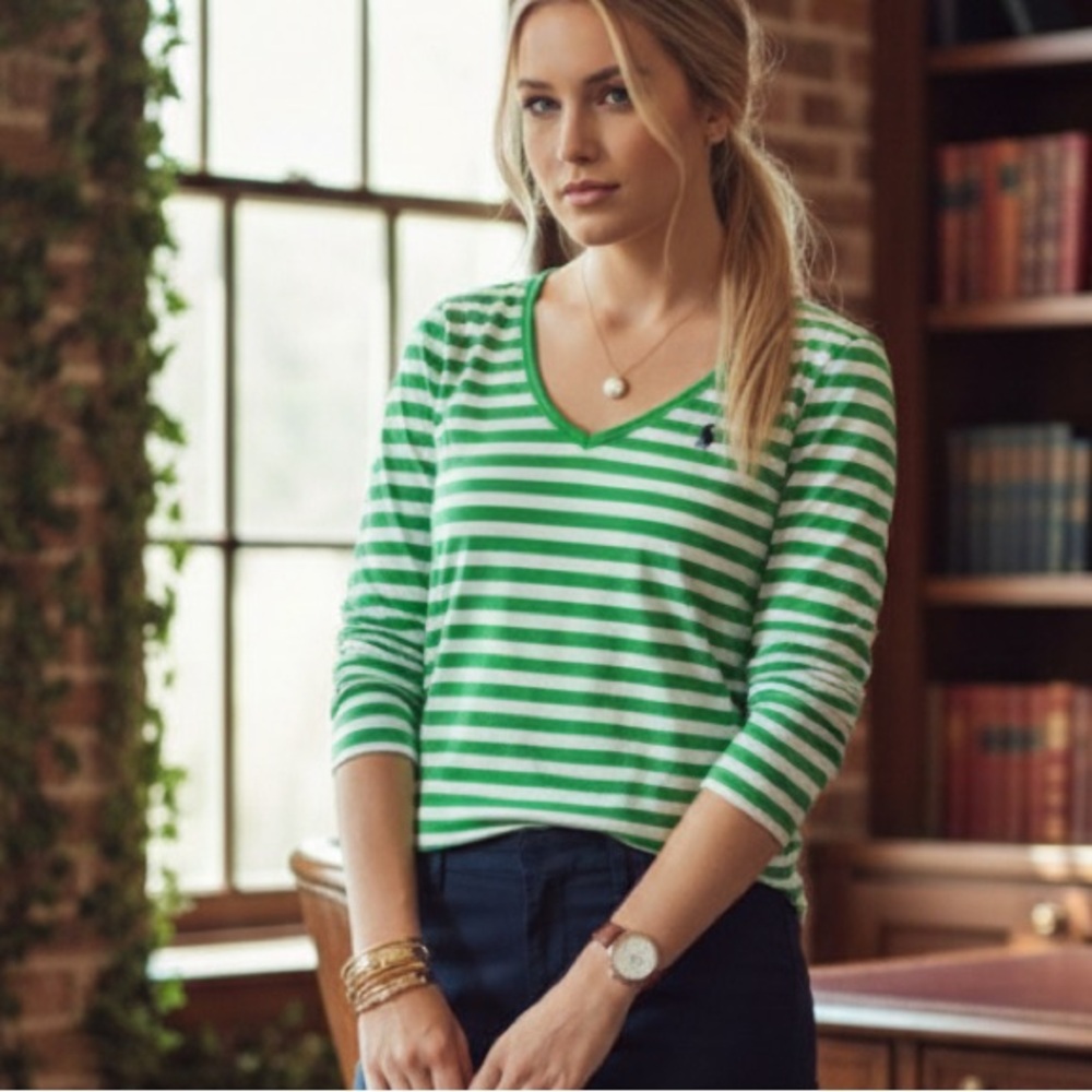 VTG Ralph Lauren size L green striped cotton v-neck lawn tee preppy old money